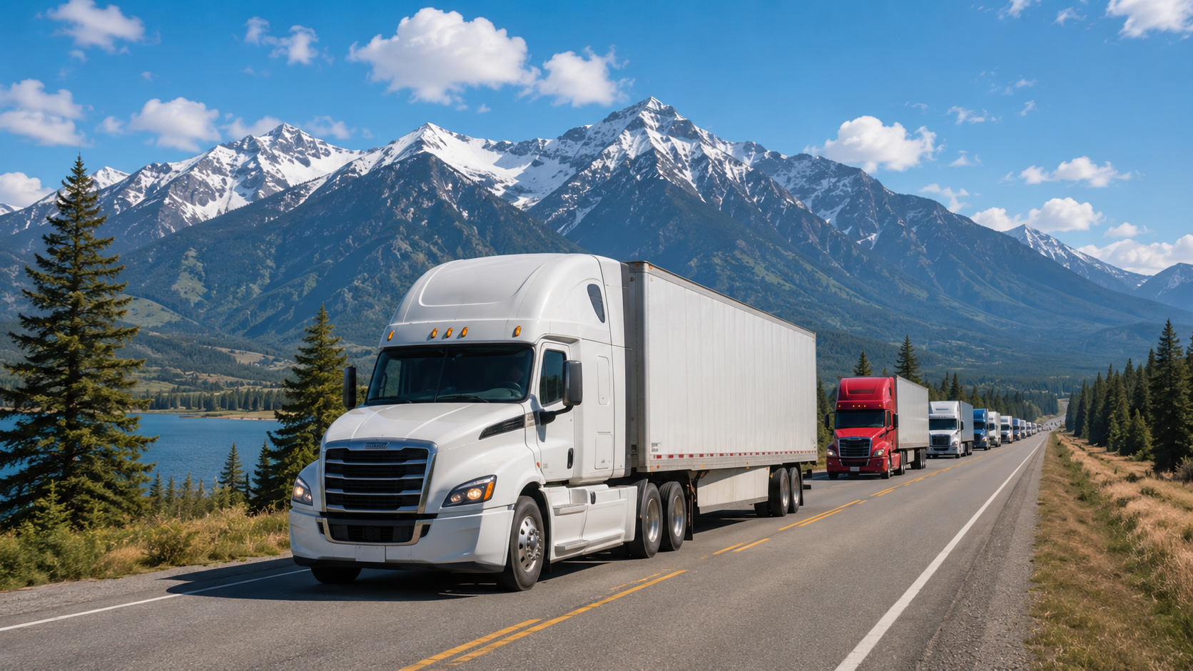 A white Class 8 semi-truck on an open highway with mountain peaks in the distance